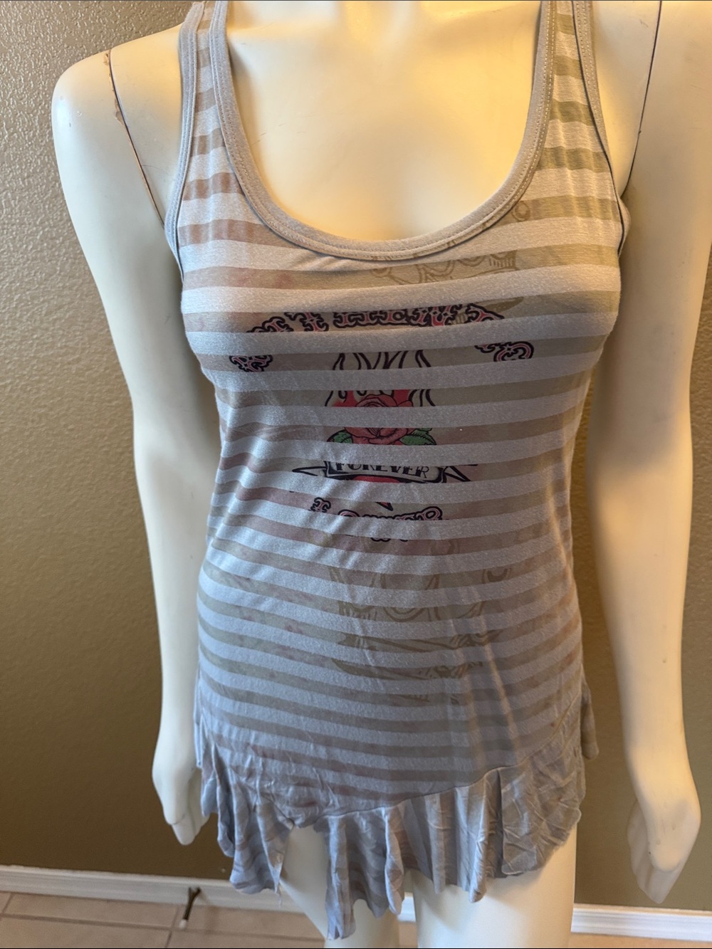 Striped Scoop Neck Ruffle-Hem Tank Top - Gray